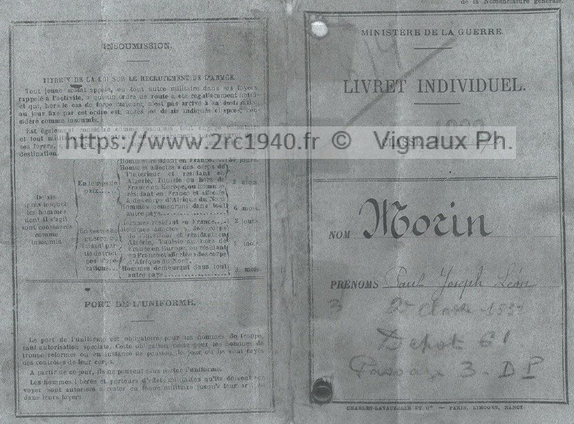 Paul Morin
Livret militaire