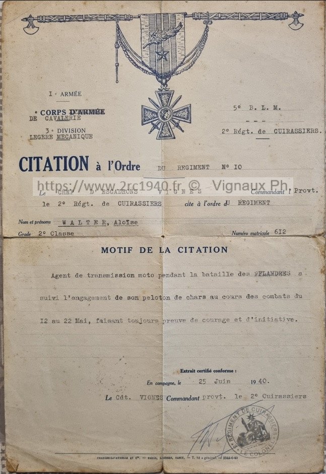Aloïse Walter
2ème régiment de cuirassiers
Citation
