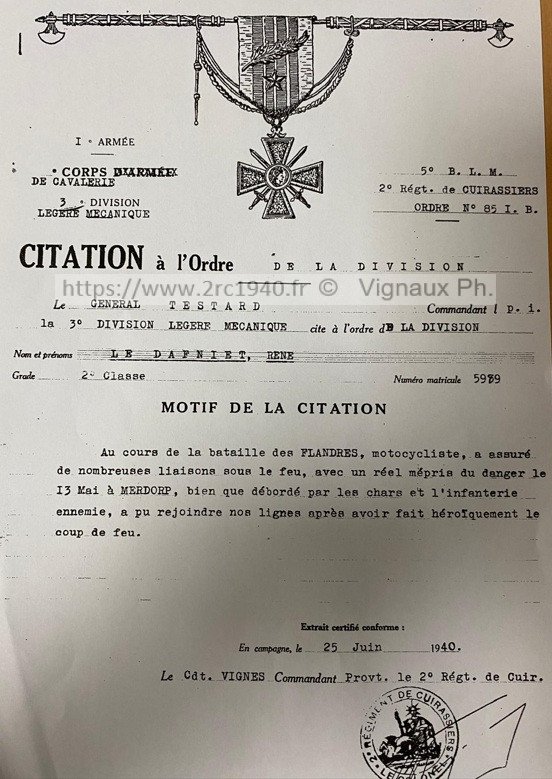 René le Dafniet
Citation à l'ordre de la division