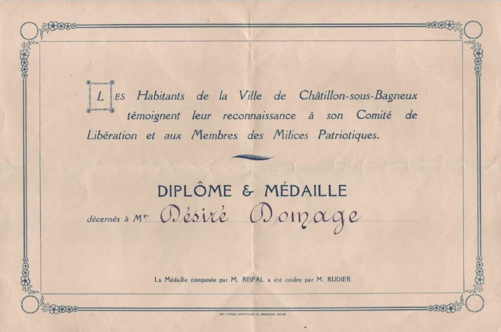 Désiré Domage
Diplôme et médaille
Châtillon-sous-Bagneux
